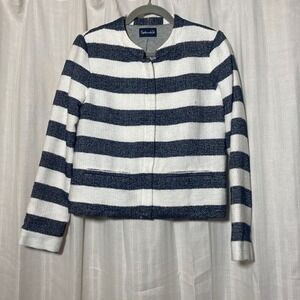Splendid Womens Navy Blue White Striped Boucle Knit Zip Front Jacket Collarless